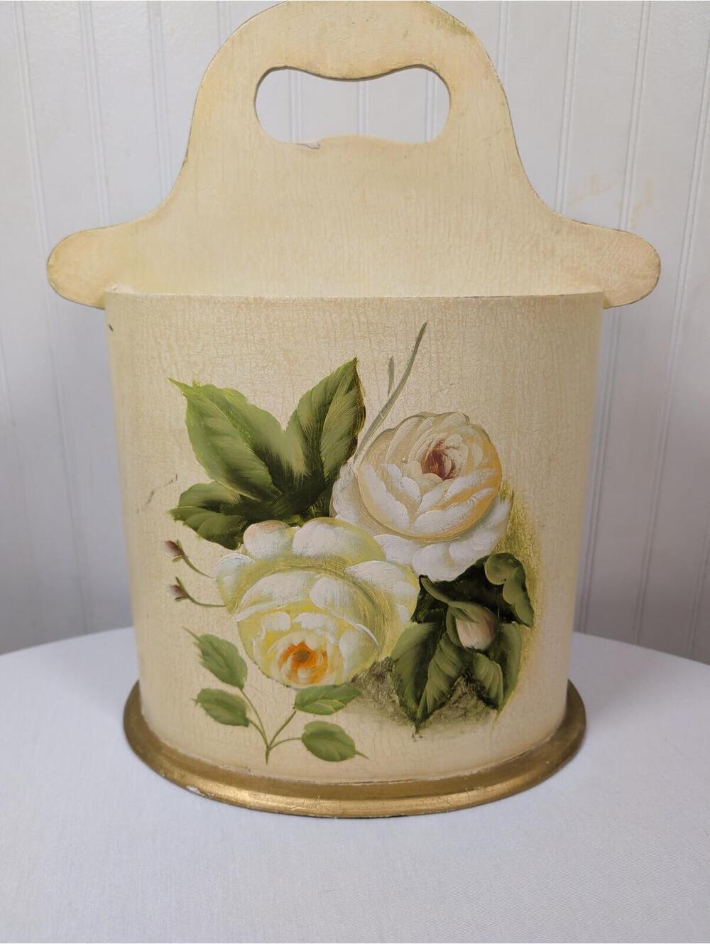 Vintage Hand-Painted Floral Decorative Wooden Basket with Handle Cottagecore